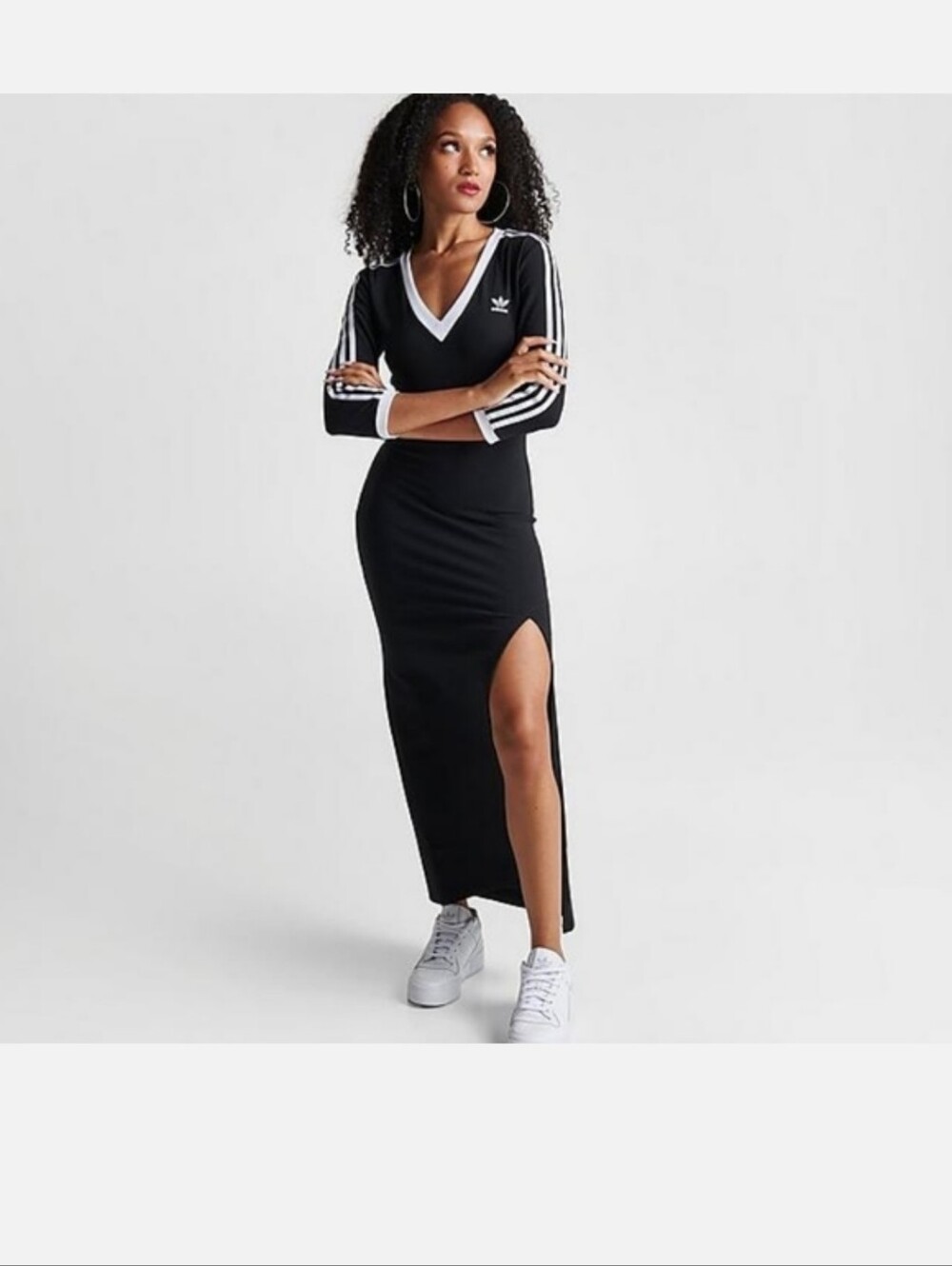 adidas Black Maxi Dress with 3 Stripe White Trim and Side Slit